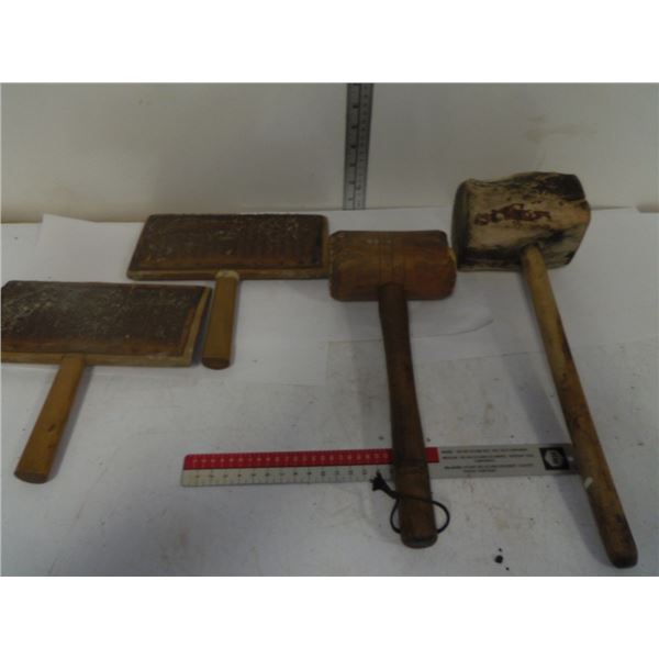 2 Antique Wool Carders and 2 Wooden Mallets