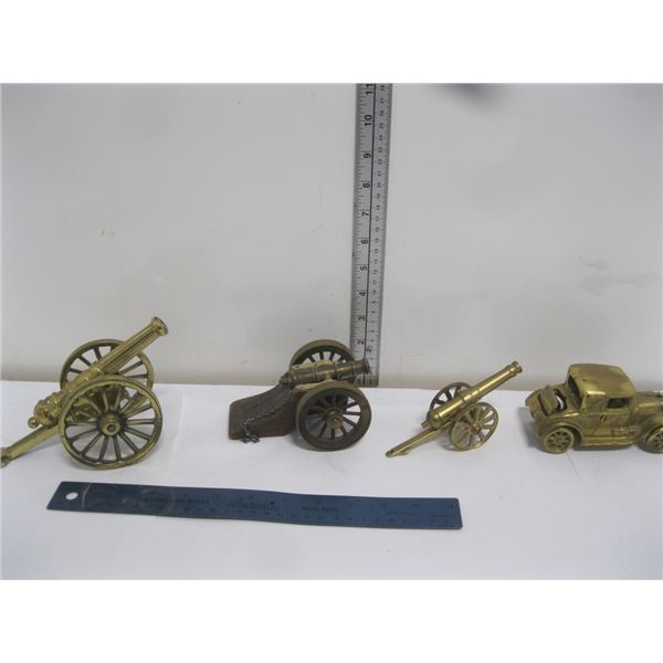 3 Miniature Brass Cannon Models and  Brass Car Mod