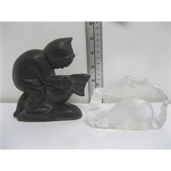 Signed Soapstone Carving and  Glass