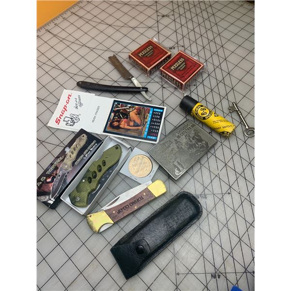MISC LOT KNIVES STRAIGHT RAZOR BELT BUCKLE ETC