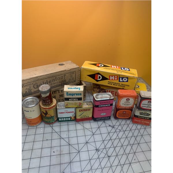 LOT OF VINTAGE SPICE TINS AND CHEESE BOXES