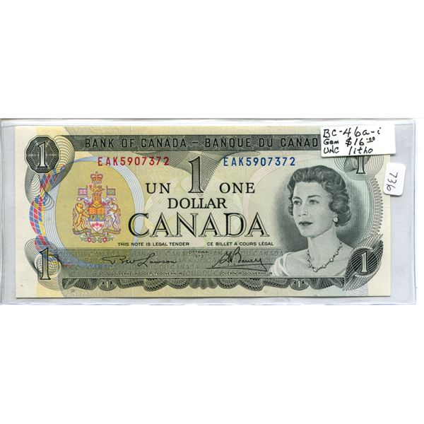 1973 $1. Lawson-Bouey signatures. EAK Prefix. Litho Engraved Back. BC-41-i. Gem Uncirculated.