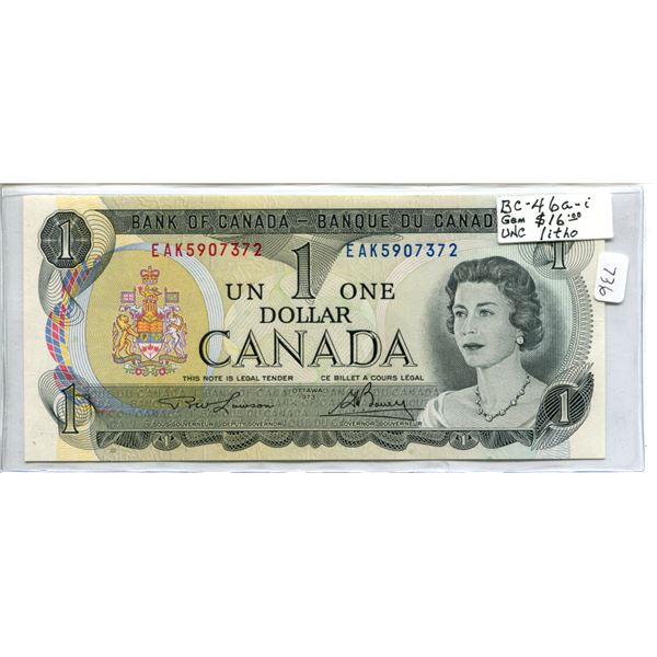 1973 $1. Lawson-Bouey signatures. EAK Prefix. Litho Engraved Back. BC-41-i. Gem Uncirculated.