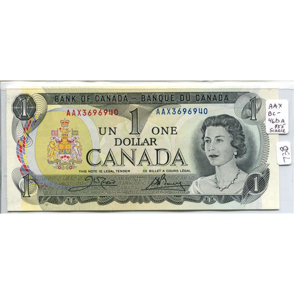 1973 $1 Replacement note. Crow-Bouey signatures. AAX Prefix. BC-46bA. Gem Unc. Scarce.