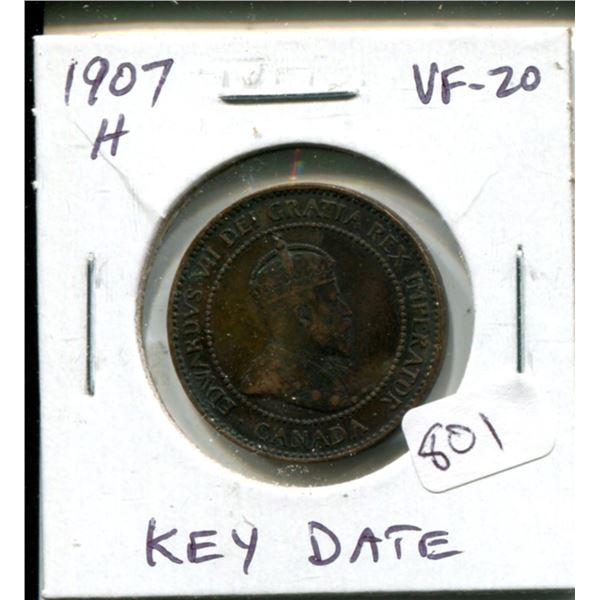 1907H Canadian Large Cent. Key Date. VF-20.