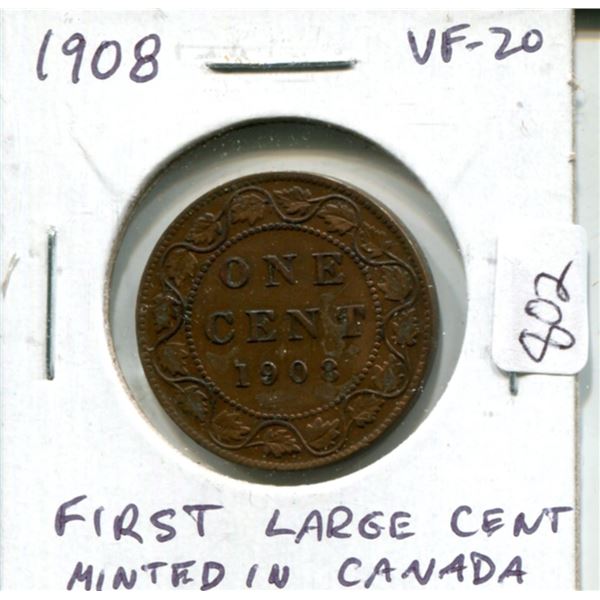 1908 Canadian Large Cent. The first cent minted in Ottawa. VF-20.