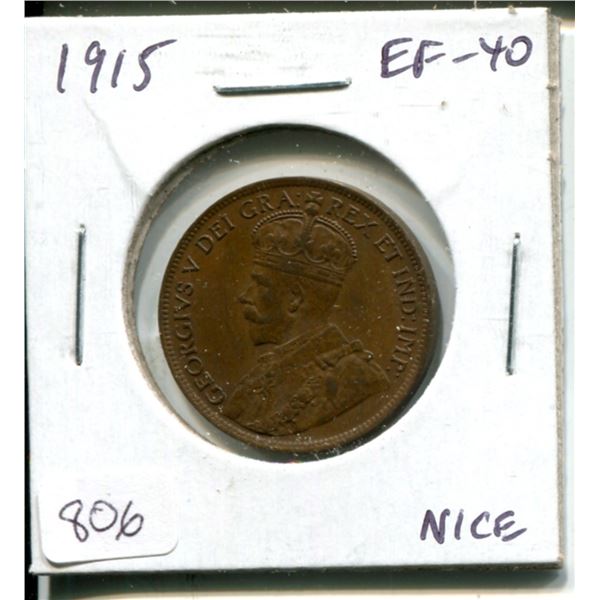 1915 Canadian Large Cent. World War I issue. EF-40. Nice.