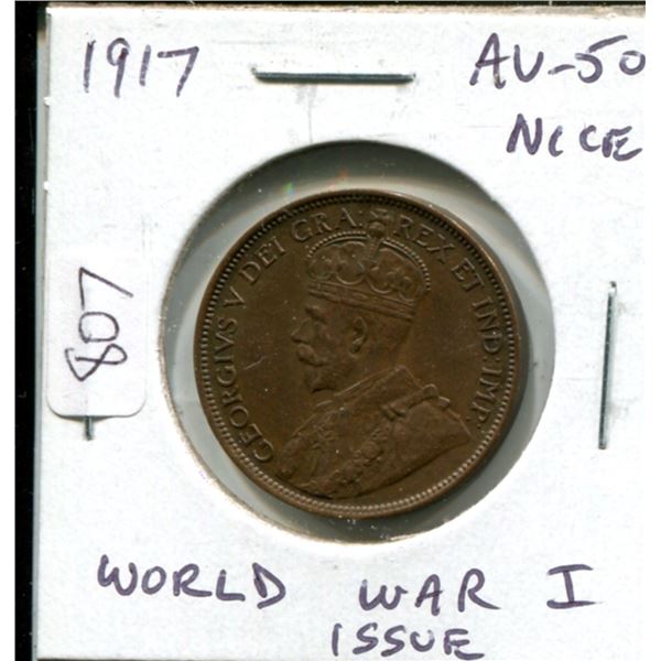 1917 Canadian Large Cent. World War I issue. AU-50. Nice.