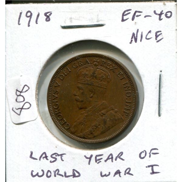 1918 Canadian Large Cent. Last year of World War I. EF-40. Nice.