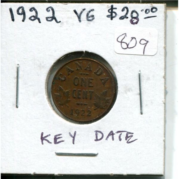 1922 Canadian Small Cent. Key Date. VG-8.