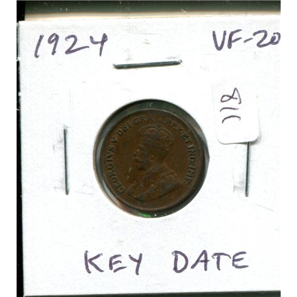 1924 Canadian Small Cent. Key Date. VF-20.