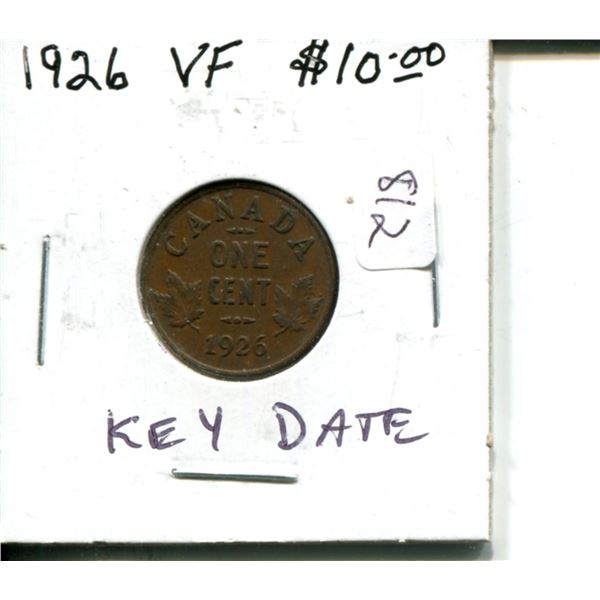 1926 Canadian Small Cent. Key Date. VF-20.