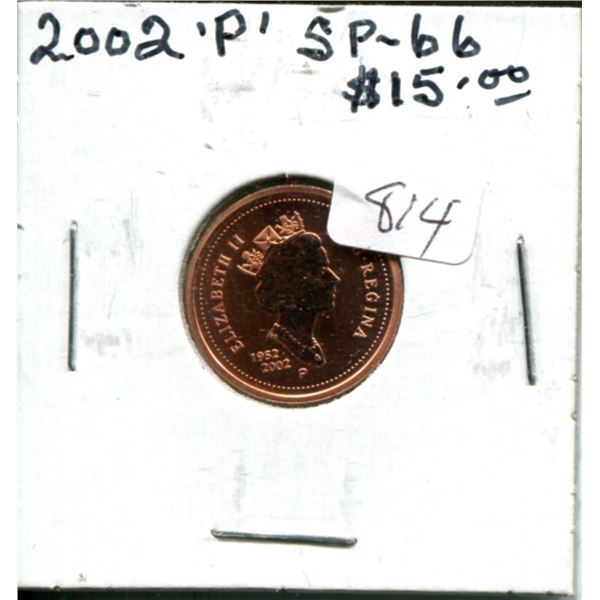 2002P Canadian Small Cent. Specimen-66 Red from a Specimen Set. Nice.