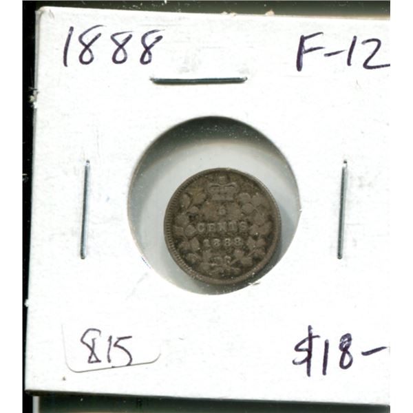 1888 Canadian Victorian Silver 5 Cents. F-12.