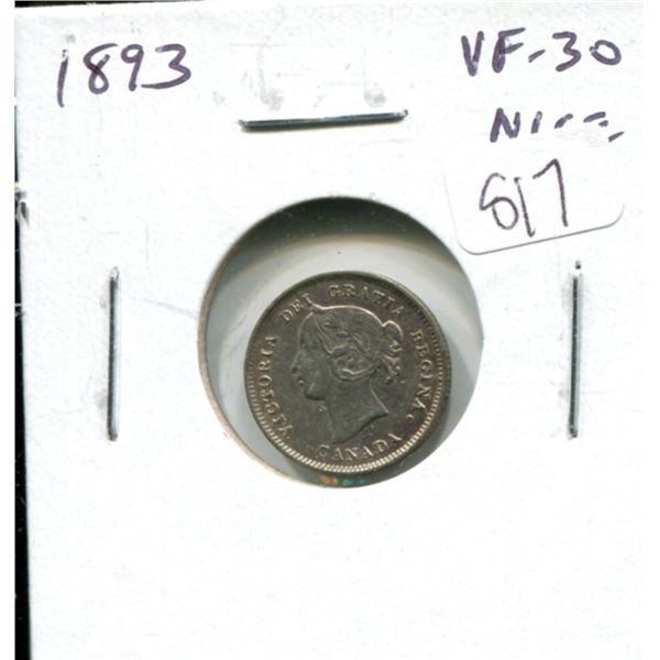 1893 Canadian Victorian Silver 5 Cents. VF-30. Nice.