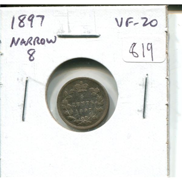 1897 Canadian Victorian Silver 5 Cents. Narrow 8 variety. VF-20.