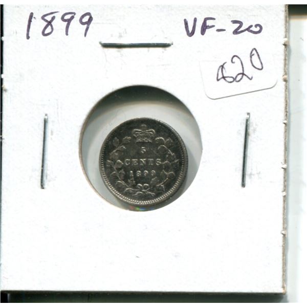 1899 Canadian Victorian Silver 5 Cents. VF-20.