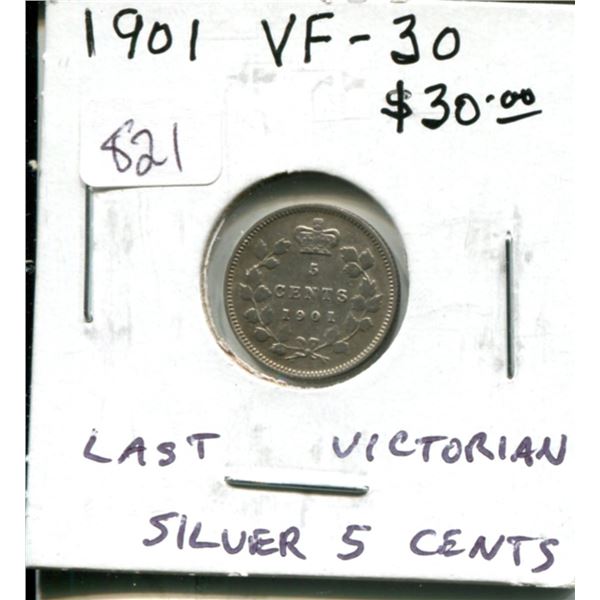 1901 Canadian Victorian Silver 5 Cents. The last issue of Queen Victoria. VF-30. Nice.