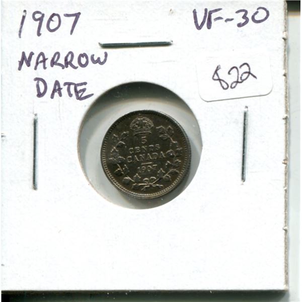 1907 Narrow Date Canadian Silver 5 Cents. VF-30.