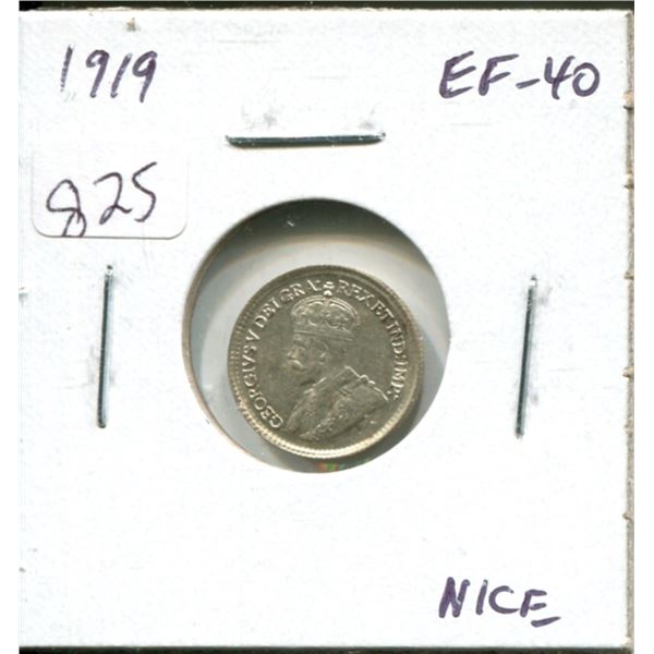 1919 Canadian Silver 5 Cents. EF-40. Nice.