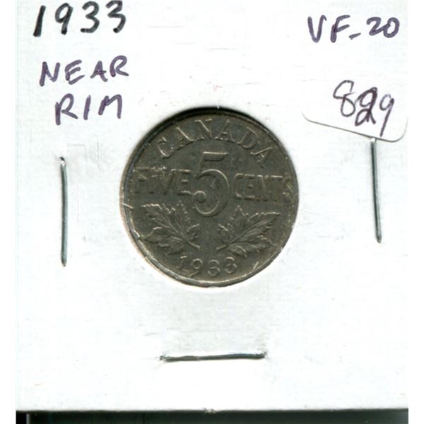 1933 Near Rim Canadian Nickel 5 Cents. S is Near Rim. VF-20. Nice.