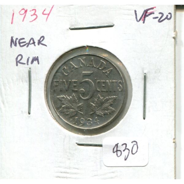 1934 Near Rim Canadian Nickel 5 Cents. S is Near Rim. VF-20. Nice.