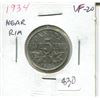 Image 1 : 1934 Near Rim Canadian Nickel 5 Cents. S is Near Rim. VF-20. Nice.