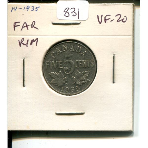 1935 Far Rim Canadian Nickel 5 Cents. S is Far from Rim. VF-20. Nice.