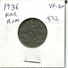 Image 1 : 1936 Far Rim Canadian Nickel 5 Cents. S is Far from Rim. VF-20. Nice.