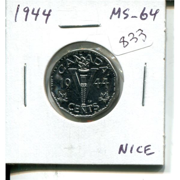 1944 Canadian Steel 5 Cents. V For VICTORY. Choice Mint State MS-64. Nice.