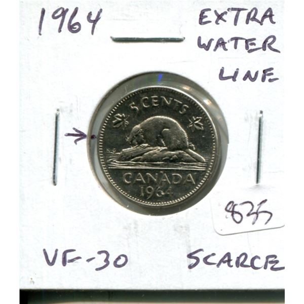 1964 Extra Water Line Nickel 5 Cents. VF-30. Scarce.