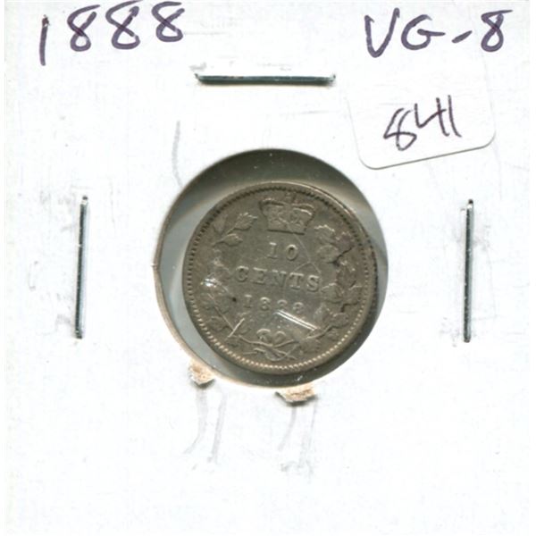 1888 Canadian Victorian Silver 10 Cents. VG-8.