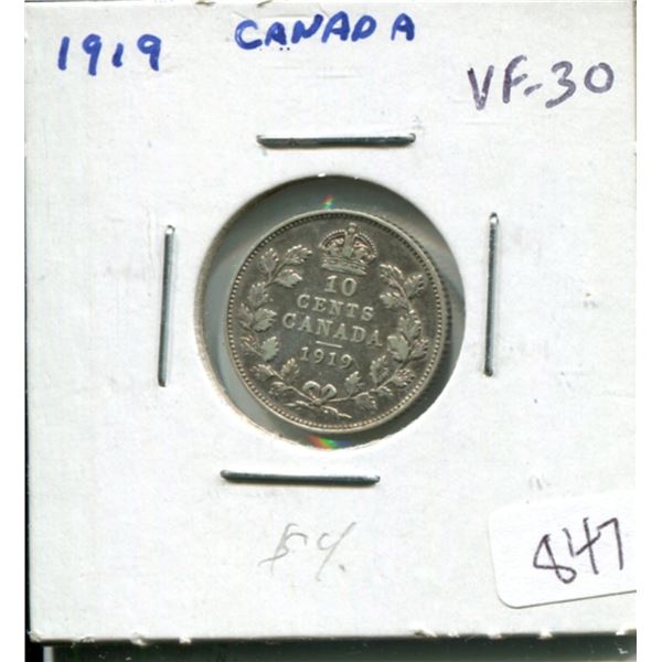 1919 Canadian Silver 10 Cents. VF-30. Nice.