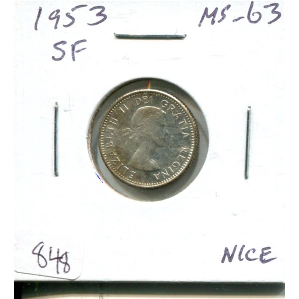 1953 Shoulder Fold Canadian Silver 10 Cents. The first issue of Queen Elizabeth. MS-63. Nice.