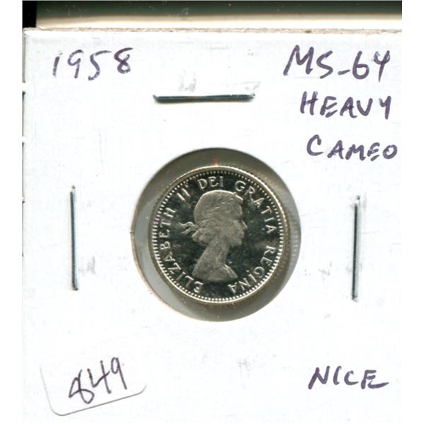 1958 Canadian Silver 10 Cents. MS-64 with Heavy Cameo. Bright White. Nice.