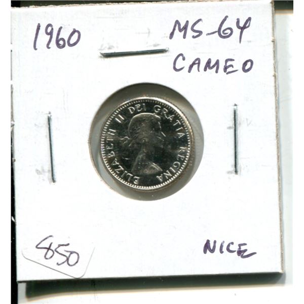 1960 Canadian Silver 10 Cents. MS-64 with Cameo. Bright White. Nice.