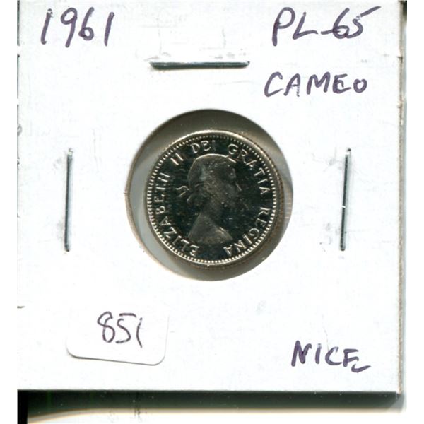 1961 Canadian Silver 10 Cents. Proof Like-65 with Cameo.  Nice.