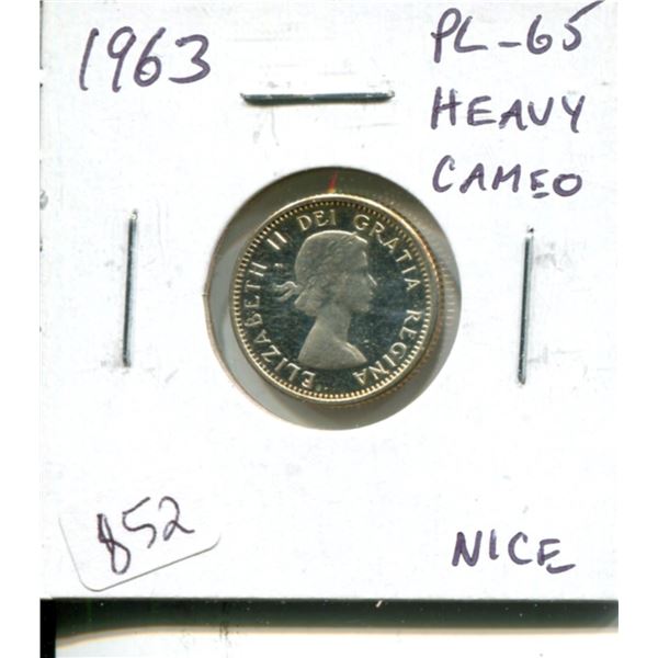 1963 Canadian Silver 10 Cents. Proof Like-65 with Heavy Cameo. Nice.