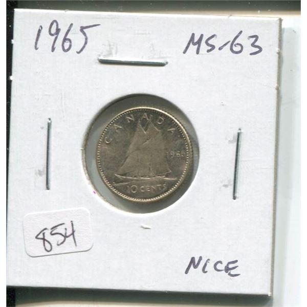 1965 Canadian Silver 10 Cents. MS-63. Nice.