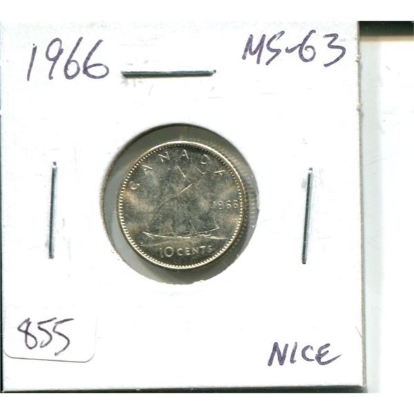 1966 Canadian Silver 10 Cents. MS-63. Nice.