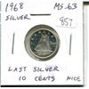 Image 1 : 1968 Canadian Silver 10 Cents. The last Silver 10 Cents issued for circulation. MS-63. Nice.