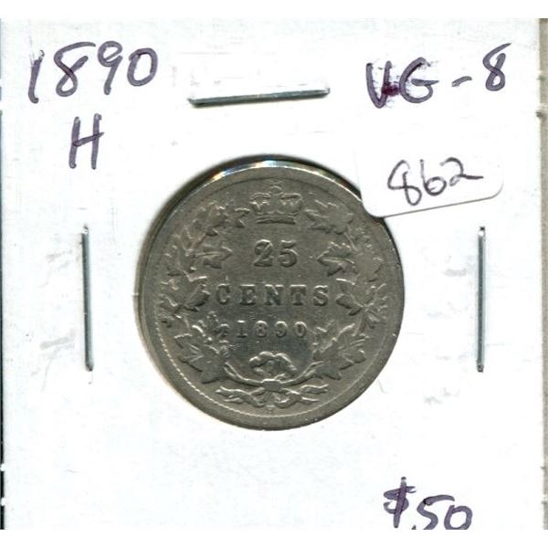 1890H Canadian Victorian Silver 25 Cents. Heaton Mint. Key Date. VG-8.