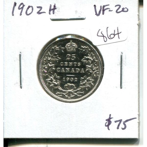 1902H Canadian Silver 25 Cents. Heaton Mint. Key Date. VF-20.