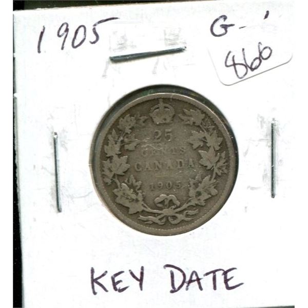 1905 Canadian Silver 25 Cents. Key Date. Mintage of 800,000. G-6.