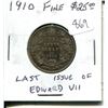 Image 1 : 1910 Canadian Silver 25 Cents. The last 25 Cents issued for Edward VII. F-12.