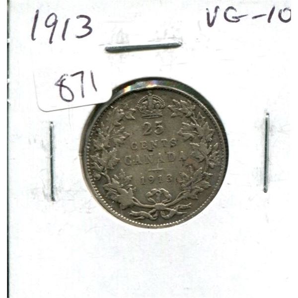 1913 Canadian Silver 25 Cents. George V. VG-10.