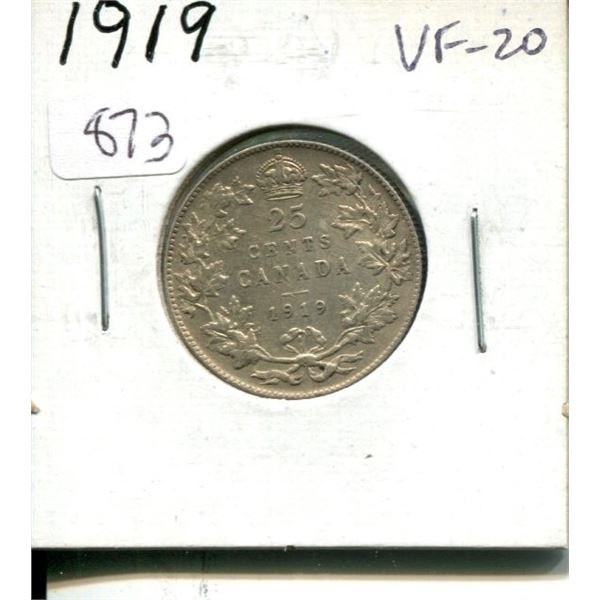 1919 Canadian Silver 25 Cents. VF-20. Nice.