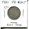 Image 1 : 1921 Canadian Silver 25 Cents. Key Date. Mintage of 597,337. VG-8.