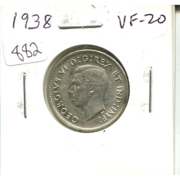 1938 Canadian Silver 25 Cents. VF-20. Nice.