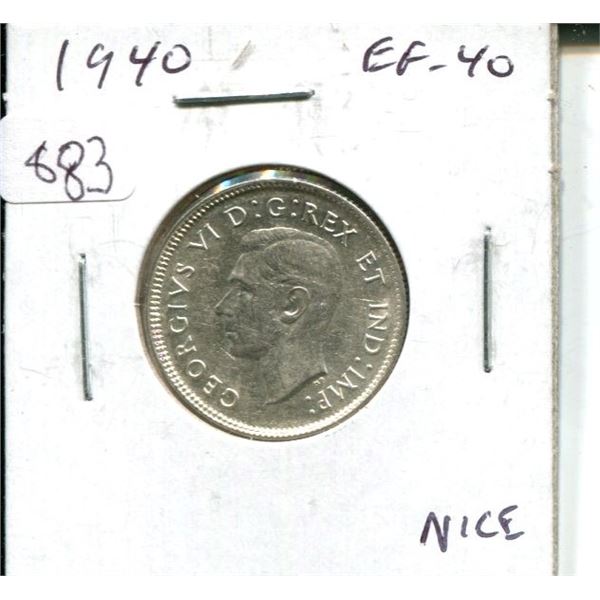 1940 Canadian Silver 25 Cents. World War II issue. EF-40. Nice.